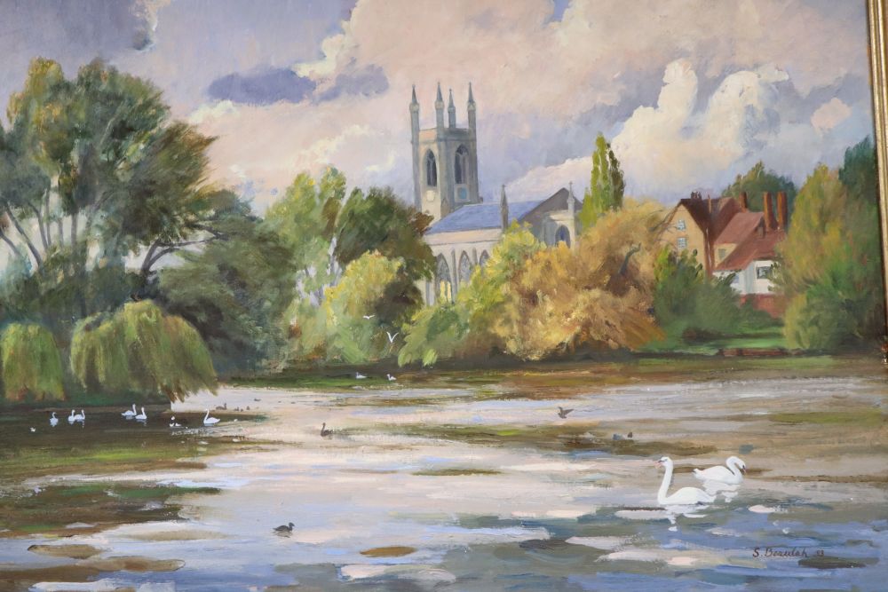 Susan Beaulah, oil on board, Waterside church, signed and dated 93, 60 x 75cm and a colour print by Tom Browning